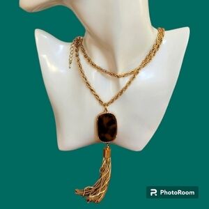 Simple Goldtone Tortoise Shell Tassel Sautoir Pendant Long Chain Necklace